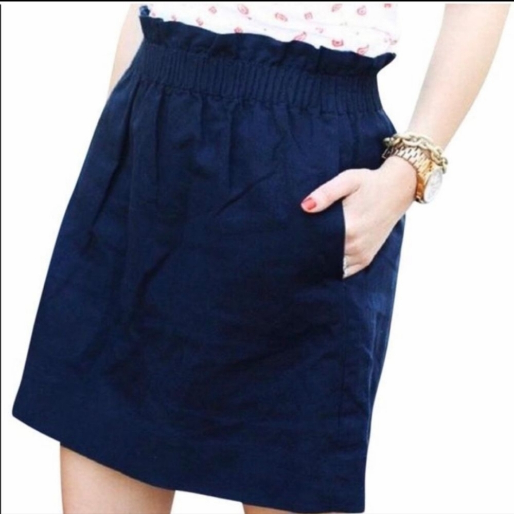 J.Crew 100% Linen Navy Blue Paperbag Waist‎ Pockets Sidewalk Mini Skirt Size 0